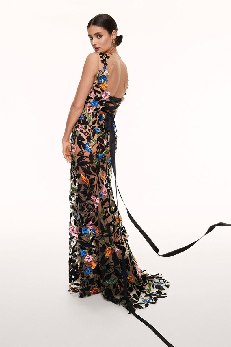Remarkable Moment Floral Embroidered Illusion Gown | Jewelclues