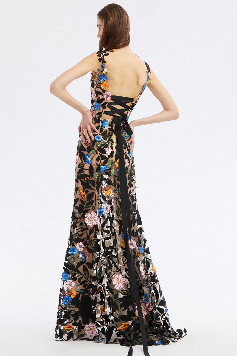 Remarkable Moment Floral Embroidered Illusion Gown | Jewelclues