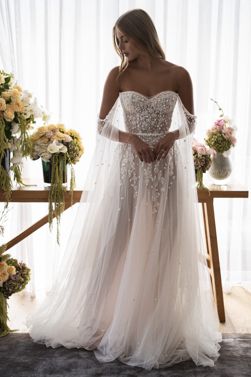 Song of Love Sheer White Off-the-Shoulder Wedding Dress | Jewelclues