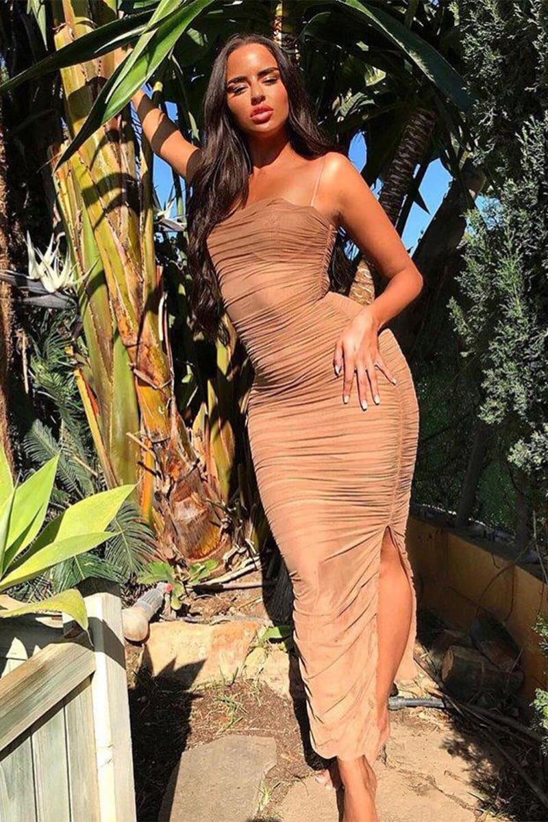 Tibi Sheer Feelings Bodycon Ruched Midi Dress | Jewelclues | #color_nude