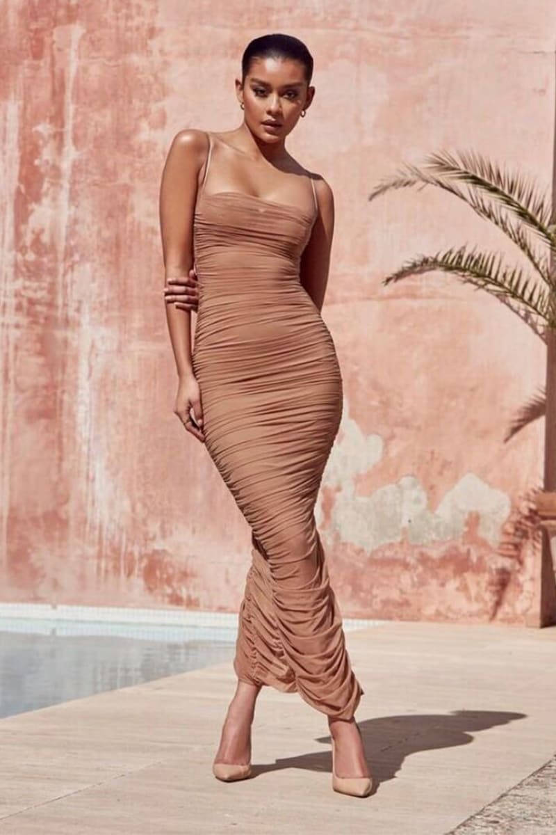Tibi Sheer Feelings Bodycon Ruched Midi Dress | Jewelclues | #color_nude