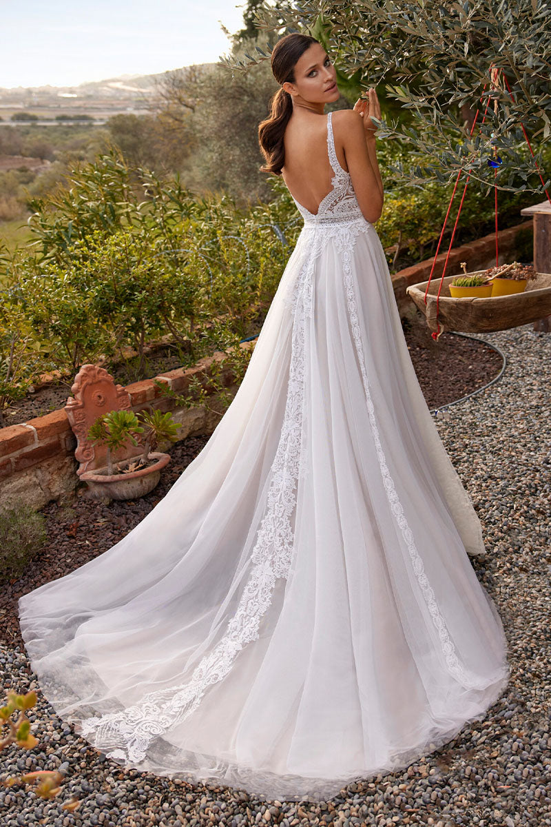 Whitney V-Neck Lace Applique Tulle A-Line Wedding Dress | Jewelclues