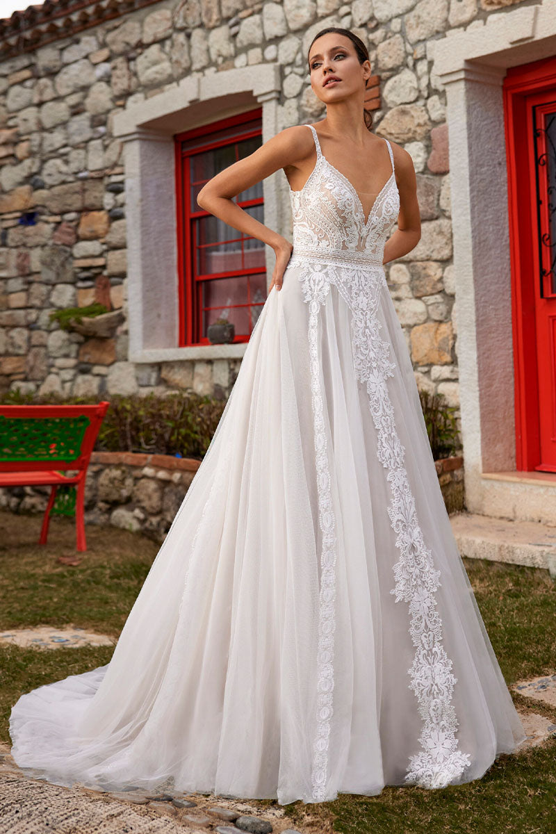 Whitney V-Neck Lace Applique Tulle A-Line Wedding Dress | Jewelclues